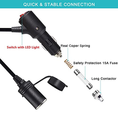 15FT Cigarette Lighter Extension Cord with On Off Switch - Car Cigarette Lighter Male Plug to Female Socket 18AWG Heavy Duty Extension Cable with Switch, Built-in 15A Fuse for Air Compressor Pump
