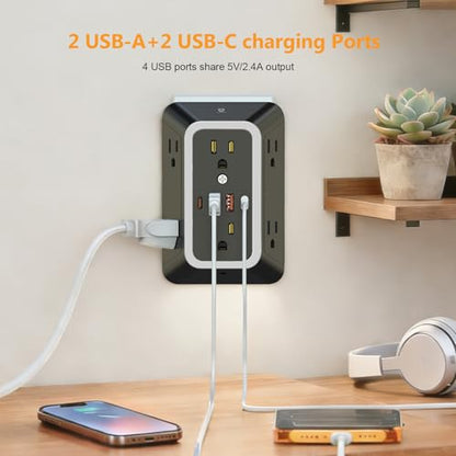 Wall Outlet Extender with Night Light, Power Plug Adapter 6 Outlet Extender with 4 USB Charging Ports（2 USB C）,1050J Power Strip Multi Plug Adapter Spaced for Home Office Travel-Black-ETL - color: Black-1Pcs