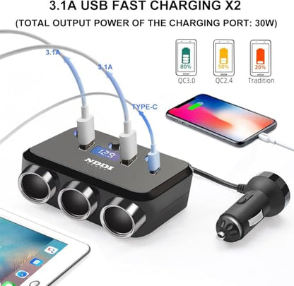 BYGD 110W Car Splitter, 3 Cigarette Socket Adapters, 3 USB Ports, 4-in-1