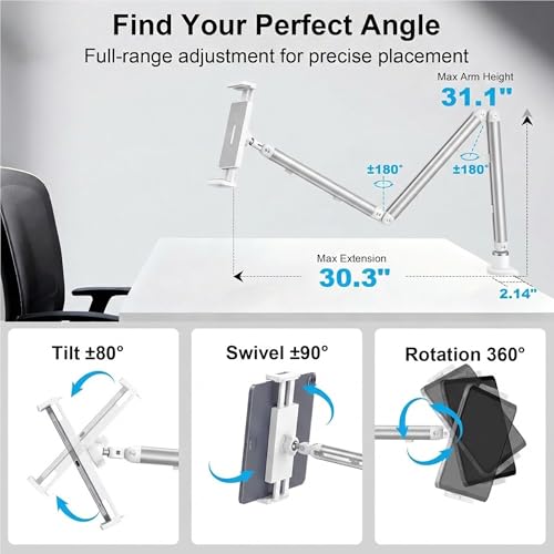 iPad Holder For Desk, Adjustable Tablet Arm iPad Desk Mount with C-Clamp - color: White, size: 15.6" Slim Clamp