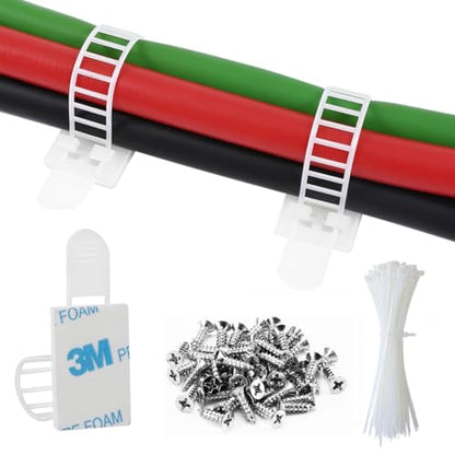 50Pcs Adhesive Cable Management Clips with 50Pcs Zip Ties, Adjustable Nylon Cable Strap Ties Wire Clips Clamps Organizer, Extra Screw & Hole - 3.55 Inch White - color: White, size: L-50pcs