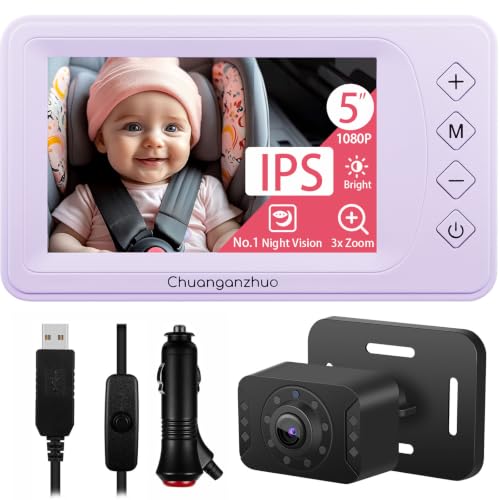 Baby Car Camera with Advanced Crystal-Clear Night Vision, 3X Zoom, USB Powered, 5'' AHD 1080P IPS Car Baby Monitor, Backseat Camera for Kids Infants Rear Facing Mirror, 5inch, Purple - color: Purple