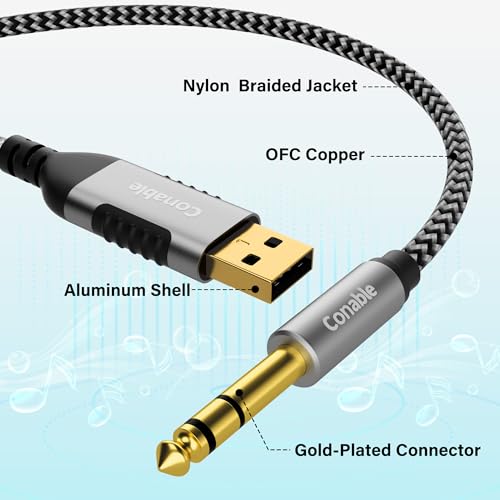 USB to 6.35mm TRS Stereo Audio Cable 6 FT, USB-A to 1/4" Audio Adapter Aux Jack Stereo Cord, Gold-Plated Connector, Nylon Braided Jacket, DAC Chip, for Laptop, Amplifier, Mixer, Home Theater, Speaker - size: 6FT