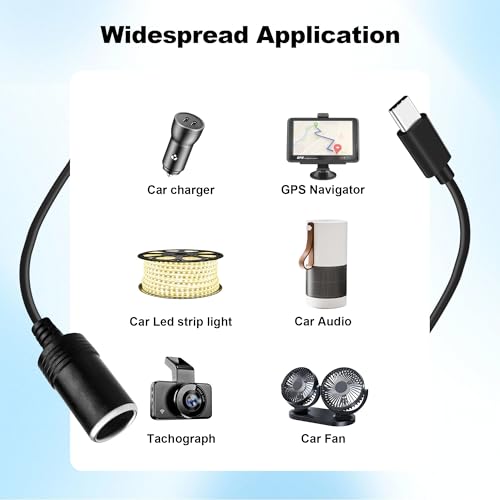 USB C to 12V Cigarette Lighter Adapter - 6.5ft USB C Male to 12V Car Socket Female Converter Cable for Dash Cam, Power Bank, GPS, LED Strips (12W Max)