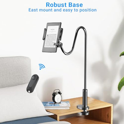 Kefotic Bedside Tablet Holder for Kindle Reading in Bed with Remote Page Turner, Hands Free Desk Gooseneck Stand for Kindle Accessories, Gifts for Readers