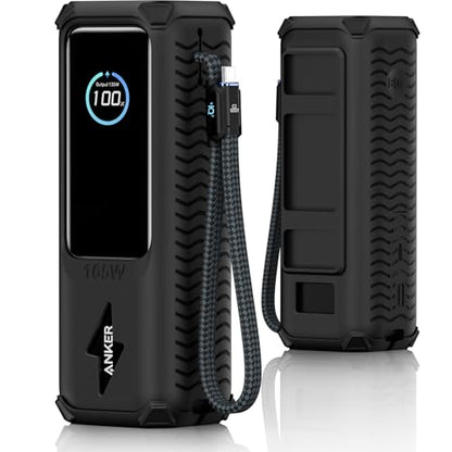 YWXTW Silicone Case for Anker Laptop Power Bank (25,000mAh/165W) - Shockproof Drop-Resistant, Built-in Cable Storage | Non-Slip Grip, Hidden Dust Plug Protective Cover for Anker Power Bank 165w - color: Black