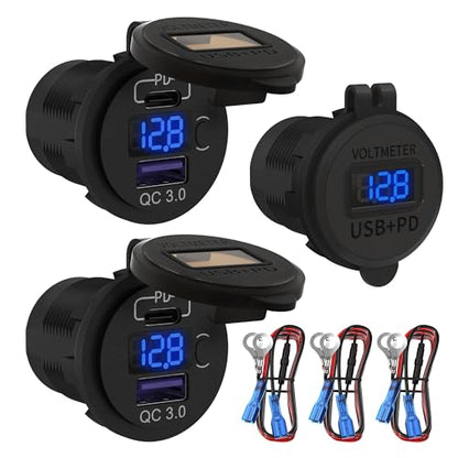 DaierTek 12V USB C Car Charger Socket 3-Pack - 48W PD & QC 3.0 Fast Charging Dual USB Outlet with Voltmeter & ON/Off Switch, Waterproof 12V Charging Port for Car, Marine, Boat, Golf Cart