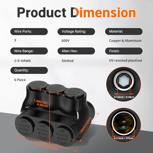 3 Port Aluminum to Copper Wire Connectors Dual Entry 2/0-6 Gauge Wire Connectors Insulated Multi Tap Connector Aluminum Wire Connector with Slotted Allen Hex - 6 Pack - size: 2/0-6 AWG