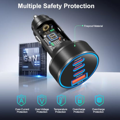98W Car Charger USB C, 4 Port Fast Cigarette Lighter USB Charger with Cable - color: Black