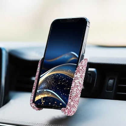 Bling Rhinestone Car Phone Holder, Mini Universal 360° Adjustable Auto Mount For Dash & Air Vent, Crystal Car Accessories For Women & Girls (Pink) - color: Pink