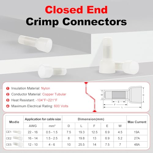 AIRIC 16-14 AWG/Gauge Closed End Crimp Connectors Wire Splice Caps - size: 16-14 AWG(CE2)