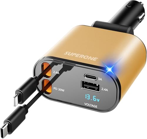 [Upgraded] SUPERONE Retractable Car Charger 4 in 1 Fast Phone Charger, Gold - color: Gold