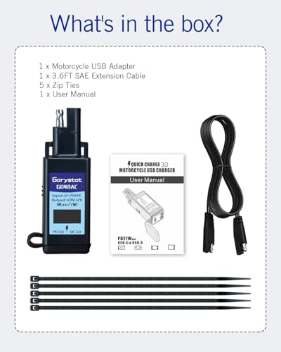 Garystat Motorcycle USB-C Charger, SAE to USB Adapter, 27W Dual Port USB Fast Charger with Voltmeter/Ammeter & ON/Off Switch, Perfect for Charging Phone, Tablet, GPS etc