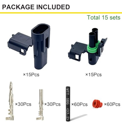 18-14 AWG 2 Pin Connector Waterproof Weather Pack Connectors Kit, 15 Set - size: 18-14AWG 15Set