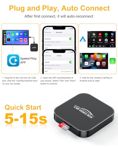 AI Box Magic Video Box, 4-in-1 Wireless CarPlay & Android Auto Adapter with Netflix YouTube TF Card Slot Convert Wired to Wireless, Dual WiFi, USB-A/USB-C Plug & Play Dongle for OEM Wired CarPlay Cars