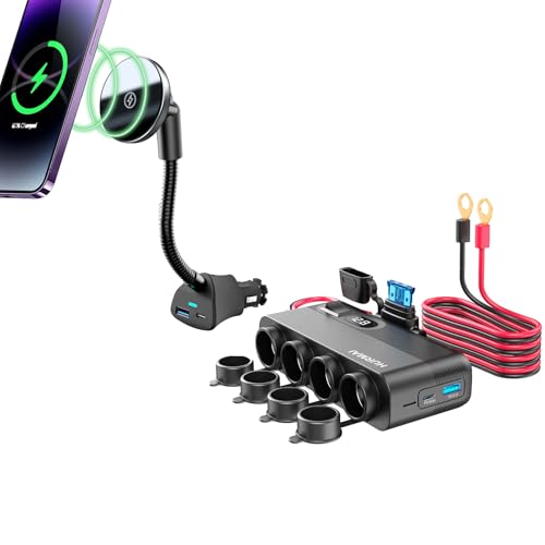 12V Socket Power Outlet + Magsafe Car Mount Charger,10FT Cable 24V 216W Multi Port Outlet, 15W Wireless Car Cigarette Lighter Phone Charger