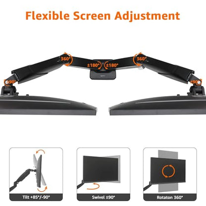 Amazon Basics Gas Spring Dual Monitor Arm Desk Mount, Adjustable Tension, Fits 15–27 Inch Monitors, Supports 4.4–15.4 lbs Each Arm, VESA 75x75/100x100, Black - size: Dual, style: GasSpringMonitor