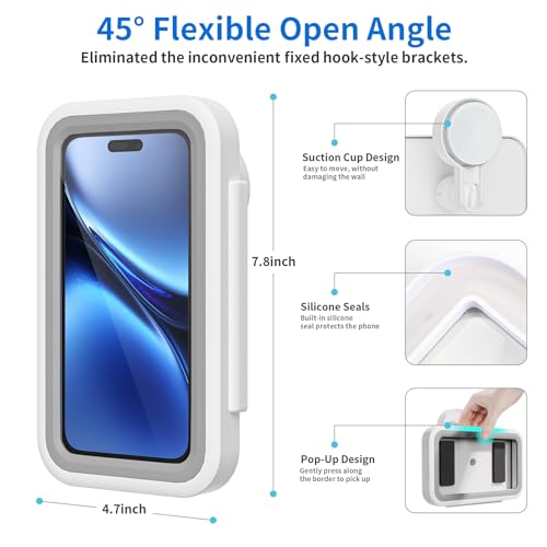 Shower Phone Holder Suction Waterproof-480 Rotation, High Sensitivity Suction Cup Mount for Easy Movement, Phone Stand Case Mount for Bathtub Kitchen Mirror Suitable for All 4-7 inch Phones.