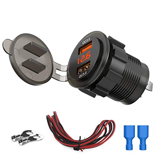 Dual QC3.0 USB Charger Socket with Voltmeter, 36W Waterproof Quick Charge 3.0 Power Outlet Adapter with Voltage Meter for 12V/24V Car Boat Marine ATV RV Campers Tractors Truck Golf-Cart