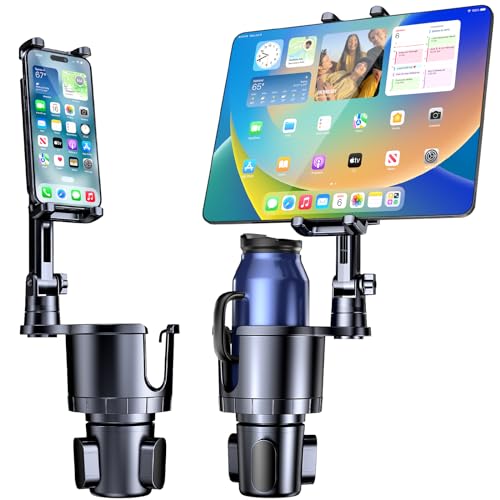 Cup Holder Phone Tablet Mount, 2 in 1 iPad Car Cup Holder with Expander Adjustable Arm for 4.7-10 inches Phone Tablet Mount Compatible for iPad Pro Air Mini, Fire,iPhone 17,Galaxy Phones