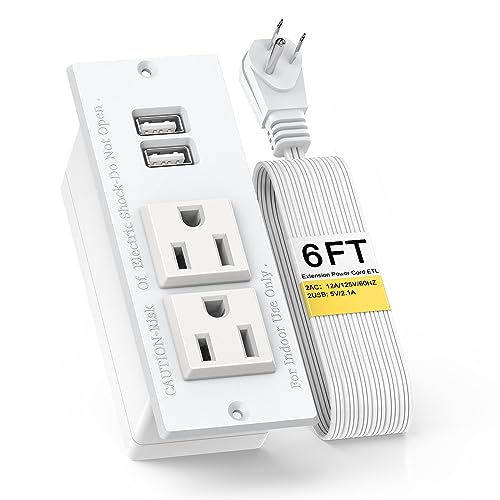 Recessed Outlet Desk Outlets with USB Ports Recessed Power Strip with 2-Socket 2-USB Charging Ports Desktop Power Grommet Charging Station with 6FT Extension Power Cord,Flat Plug - color: White