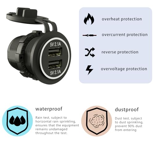 Dual USB Charger Socket Blue LED 12V/24V 2.1A & 2.1A for Marine Motorcycle Truck Golf Cart RV, Car etc.