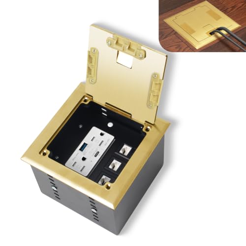 Recessed Flat Hidden Socket Kit with 15A Duplex Tamper, 1 x 65W PD Type-C Port, and 1 x 6.5A Quick Charge USB-A Port,+3-Port RJ45 Datacom Receptacle. Internal Height Adjustable,Brass - color: Brass, size: 15A 65W PD