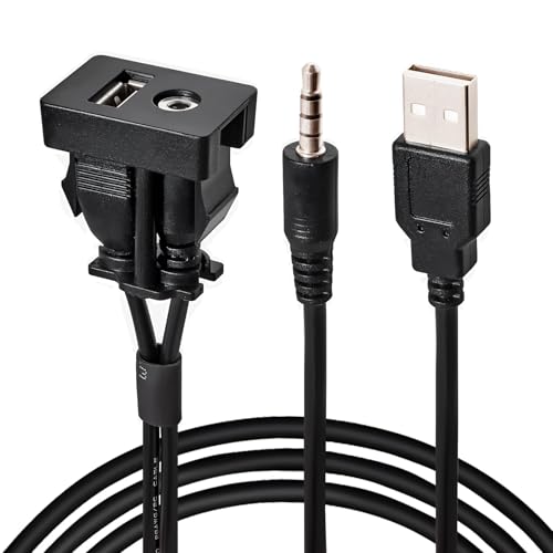Anina USB AUX Flush Mount for Toyota, 1M Male to Female Car Dash 3.5mm AUX Extension Cable, Square Port USB Panel Mount Socket Adapter, 12V-30V Panel Mounting Cable for Audio Output & Charging