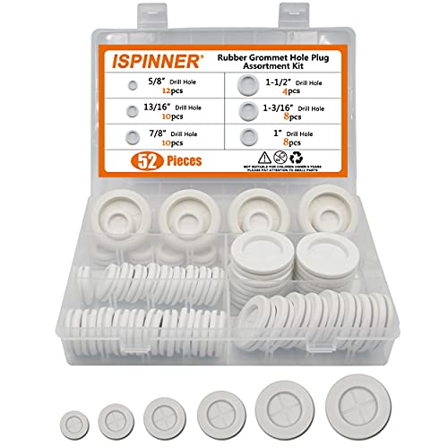 ISPINNER 52pcs 6 Sizes Rubber Grommet, Double Sided Round Rubber Hole Plug, Drill Hole 5/8" 13/16" 7/8" 1" 1-3/16" 1-1/2" (White) - color: White