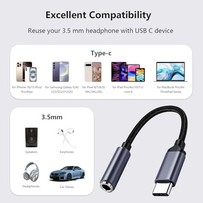 5 Pack USB C to 3.5mm Headphone Jack Adapter Type C Audio Aux Cable Dongle Compatible with iPhone 16/15/15 Plus/15 Pro/15 Pro Max/iPad/Pixel, Samsung Galaxy S23 S22 S21 S20 Ultra Z Flip/Note (Gray)