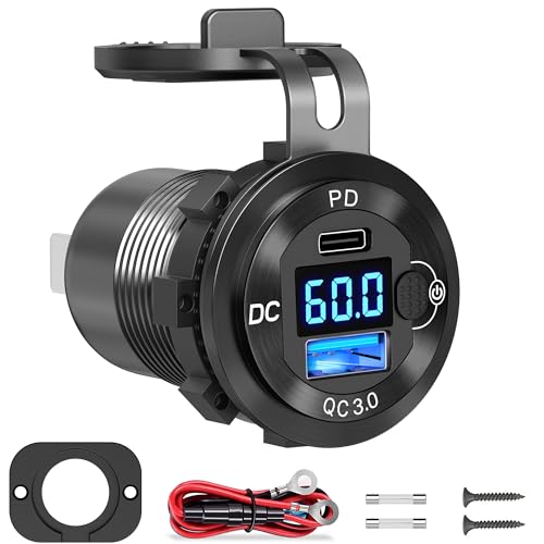 12V 24V 36V 48V 60V High Voltage USB Outlet Aluminum Car Socket, PD 36W and QC 36W Car Port Outlet Waterproof Cigarette Lighter Power Adapter DIY Kit with Button Switch for Boat Golf Cart, etc.