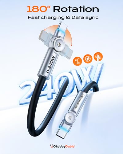 chubbycable RotateX 240W 180° Rotating USB C to USB C Cable, Black, 9.8ft - color: Black, size: 9.8ft (3m)