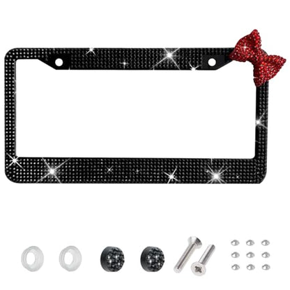 Wanheart 1 Pack Black Bling License Plate Frame with Red Upper Right Bow - color: Black Frame + Red Bow