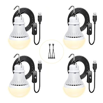 4 Pack USB Light Bulb, USB LED Camping Light Lantern, 8.2 ft Extra Length Cord Tent Light with USB Y-Cable, Portable LED Bulb for Garage Warehouse Car Truck Fishing Boat Room Emergency Light, Warm - style: Warmwhite-4pcs