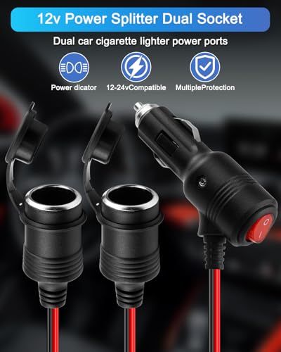 12V 24V Cigarette Lighter Splitter,1 to 2 Car Cigarette Lighter Cable, Dual Socket with ON/Off Switch, 18AWG 15A Power Extension Cable for Car Refrigerator, Tire Inflator Etc-15cm/5.9in