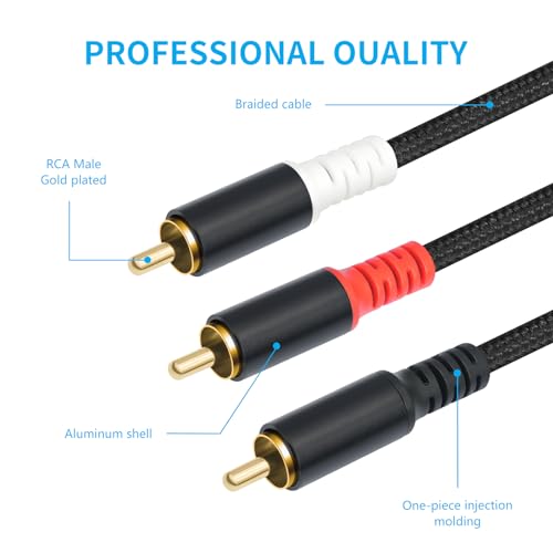 RCA Y Splitter 1 Male to 2 Male Audio Cable 6.6FT, Black Cotton Braided Jacket Gold-Plated Plug Premium Shielded Audio Cable