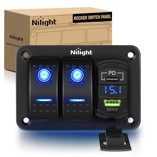 Nilight 2 Gang Rocker Switch Panel w/PD Type C and USB Socket Voltmeter - color: Blue, size: 3 Gang Type C +USB