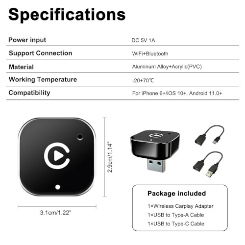 ZYAN Wireless CarPlay & Android Auto Adapter with Extension Cable USB-A and USB-C