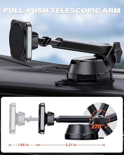 APPS2Car Magnetic Car Mount for MagSafe, Heavy Duty Phone Holder with 20 N55 Magnets, Strong Suction Cup, Adjustable Telescopic Arm, Dashboard & Windshield Mount for iPhone 12-17 Series and All Phones - color: Black