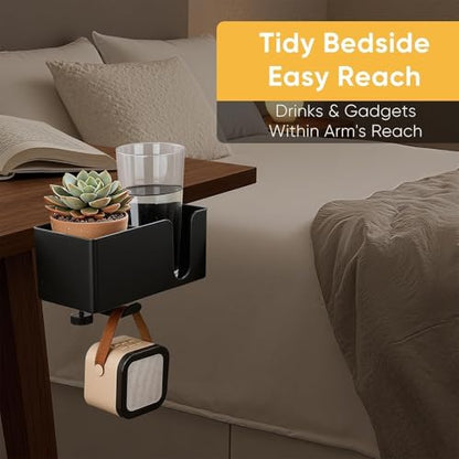 4-in-1 Clip On Desk Cup Holder, Fits up to 40oz cups - Mountable Holder with Adjustable Divider & 360° Rotating Hook - No Spill Clamp On Drink Holder Attachment - for Desk Chair Table Bed Tray - Black - color: Black - 4" W Dual Cup