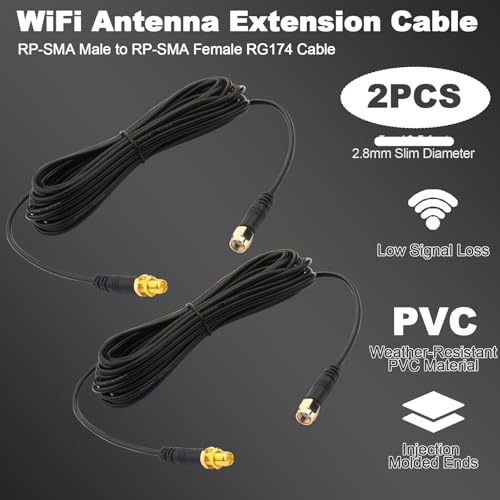 WiFi Antenna Extension Cable 2PCS 10ft/3M RP-SMA Male to RP-SMA Female – Upgraded Heavy-Duty Molded Connectors - RG174 Cable Bulkhead Mount for PC WiFi Router Security IP Camera - size: 9.84feet / 3m
