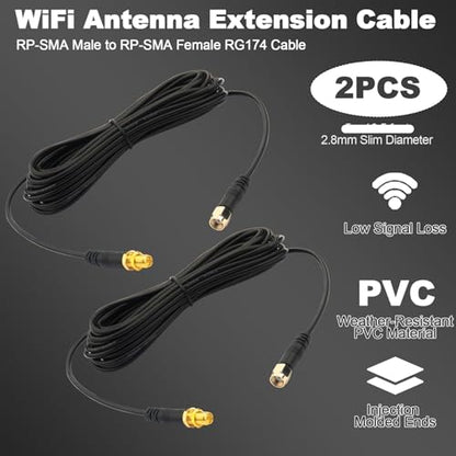 WiFi Antenna Extension Cable 2PCS 10ft/3M RP-SMA Male to RP-SMA Female – Upgraded Heavy-Duty Molded Connectors - RG174 Cable Bulkhead Mount for PC WiFi Router Security IP Camera - size: 9.84feet / 3m