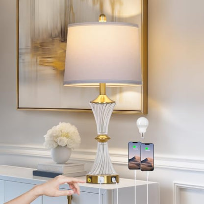 Rinweey Crystal Glass Table Lamp with USB C+A Ports & AC Outlet,Modern Bedroom Lamps,Gold Lamp for Night Stands Bedroom Living Room,Nightstand Lamp LED Bulbs Included,Single Gold - color: Gold-1P
