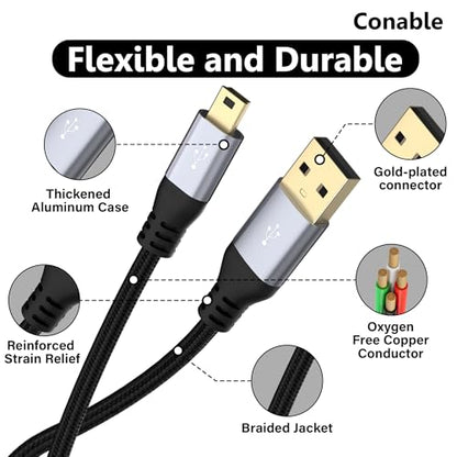 Mini USB Cable 6 FT, USB 2.0 A to Mini B Charging Cord Compatible with GoPro Hero 3+, PS3 Controller, MP3 Player, Dash Cam, Garmin Nuvi GPS, Camera, Blue Yeti, GPS Receiver, Snowball iCE Mic, TI-84 - size: 6FT