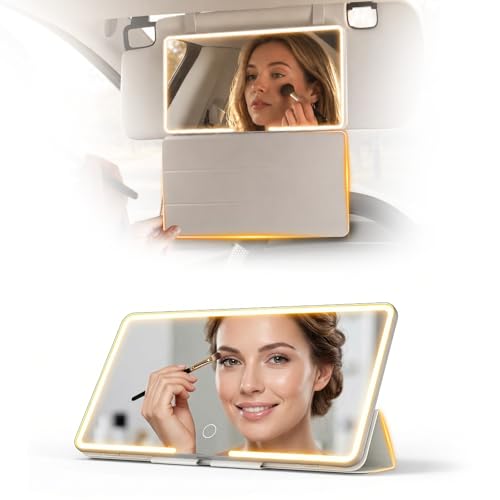 Car Sun Vanity Mirror with Protective Cover, LED Visor Makeup Mirror with 3 Light Modes, Rechargeable Dimmable Touch Large Clear View for Daily Commute & Road Trips, Universal for Car SUV Truck - color: White-1Pcs
