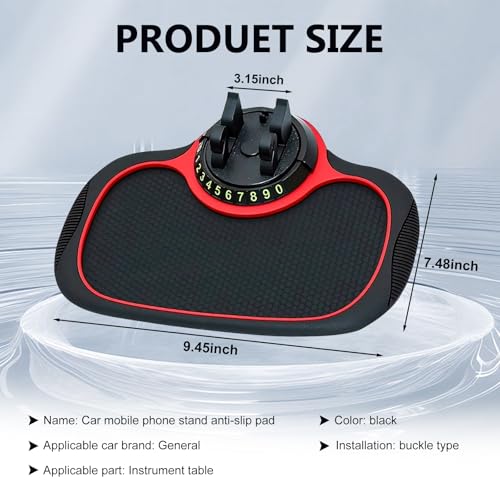 Car Anti-slip Mat Phone Holder, Multi-functional Center Console Storage Mat with Temporary Parking Numbers, 360 Degrees Rotatable Phone Holder, for Phones, Sunglasses, Keys (Black & Red)