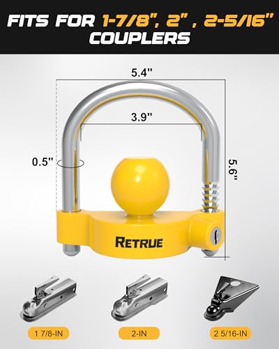 RETRUE Universal Coupler Lock Trailer Locks Ball Hitch Trailer Hitch Lock Adjustable Security Heavy-Duty Steel Fits 1-7/8 Inch, 2 Inch, 2-5/16 Inch Couplers, Bright Yellow, Light Weight (Pack of 2) - color: Bright Yellow, size: 2 Pack