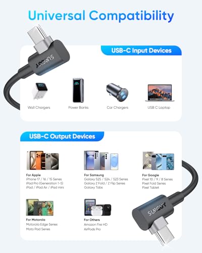 SUNGUY USB C to USB C Right Angle Cable 1FT Short, 2Pcs 60W Fast Charging 90 Degree USBC to USBC Cable Compatible with iPhone 17 16 15 Pro Max, MacBook Pro, iPad Pro, Galaxy S25/S24 - size: 1FT