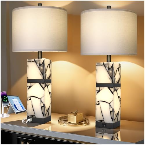 Scenekoy 27" Alabaster Table Lamp Set of 2 with Night Light for Living Room - color: Black