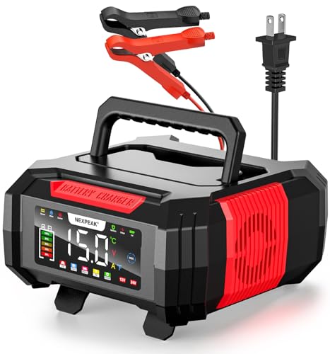 NEXPEAK 15A Battery Charger, Trickle Charger 12V/24V Car Battery Charger 9-Stage Smart LiFePO4 Charger Battery Maintainer w/Overcharge Protection Pulse Repair for Car Truck Motorcycle Lawn Mower